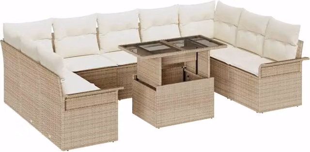 Set Divano da Giardino a Forma di U con Tavolino vidaXL, Colore Beige e Bianco, in Rattan e Metallo con Cuscini Inclusi