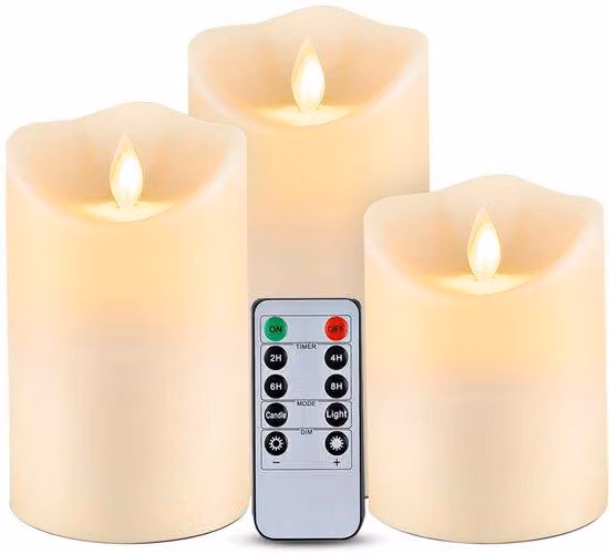 Set di 3 candele LED Unyqoos®, impermeabili, con telecomando e timer (2/4/6/8 ore), fiamma realistica che simula il tremolio, con stoppino mobile, adatte per interni ed esterni, durata superiore a 500 ore.
