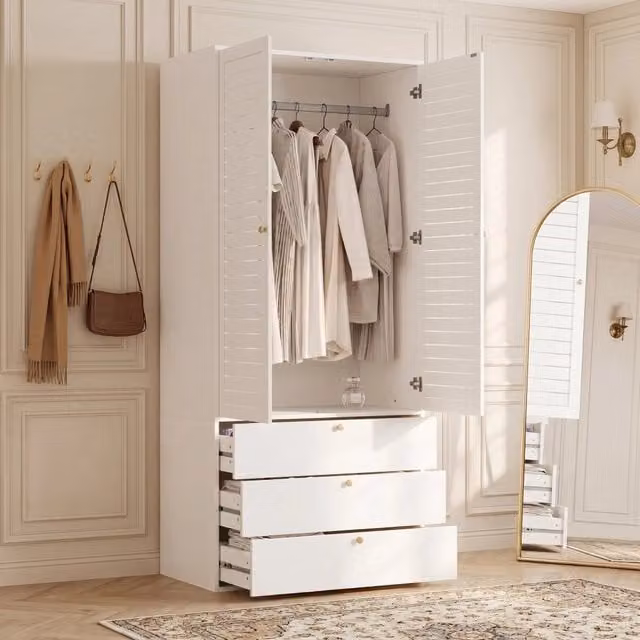 Armadio 2 ante con porte a lamelle e 3 cassetti con barra appendiabiti per camera da letto in pannello truciolare bianco