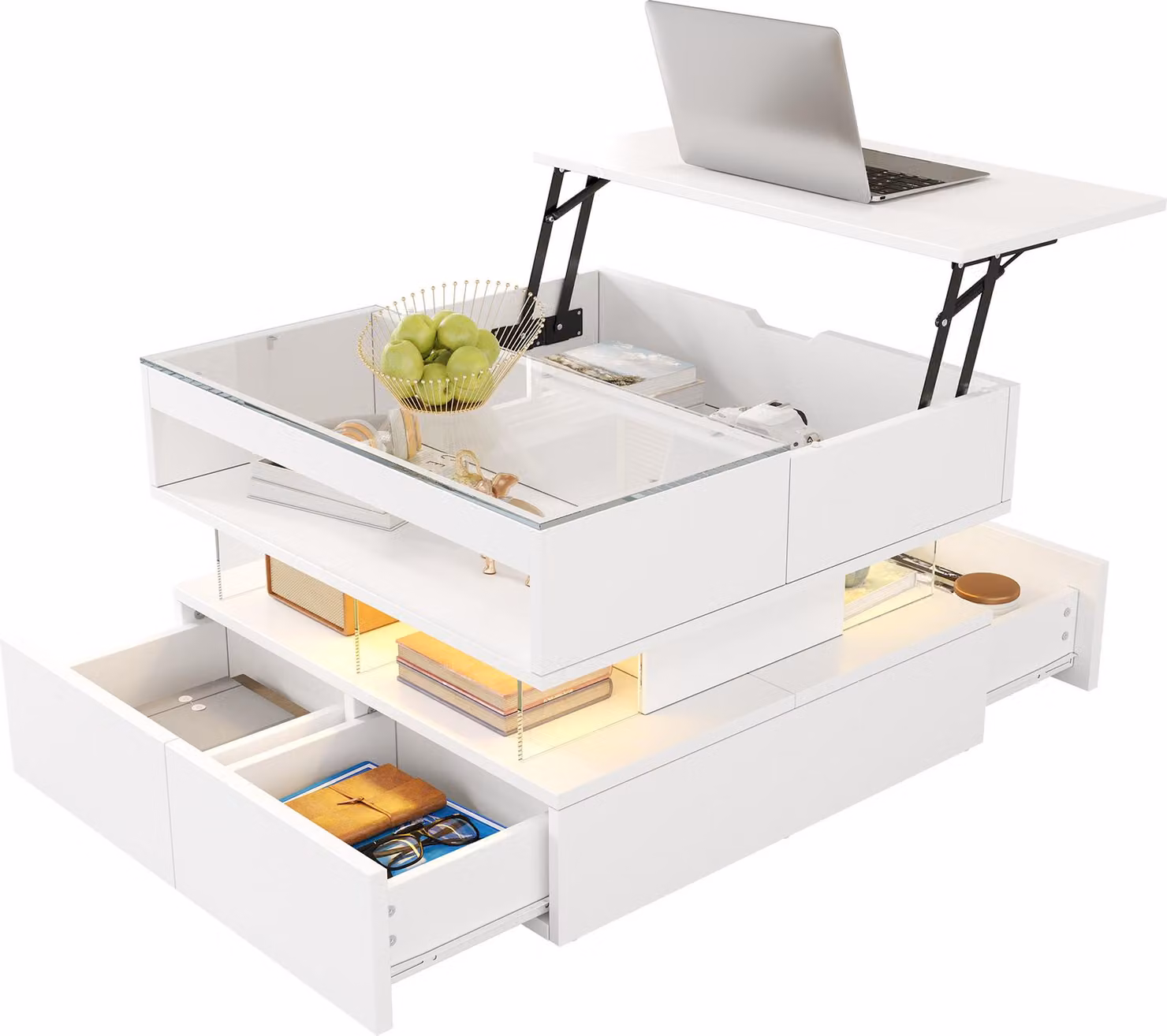 Tavolino da salotto regolabile in altezza con illuminazione a 16 colori, piano in vetro e supporti in acrilico
