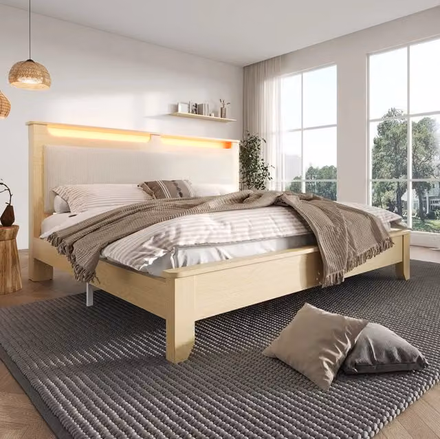 Letto matrimoniale 180x200 cm in legno effetto rovere con testiera in corduroy beige; LED e vano contenitore