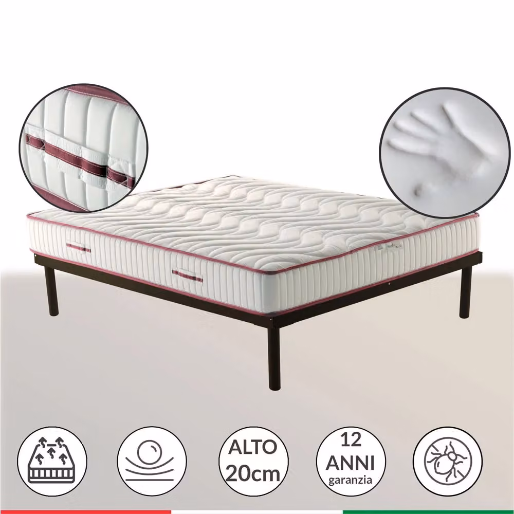 Materasso Memory Nature ITALYMATERASSI Singolo Bianco con Cuscino, Ortopedico in Schiuma Viscoelastica e Tessuto Anallergico Antibatterico, L/P/H: 95 x 200 x 20 cm – 2