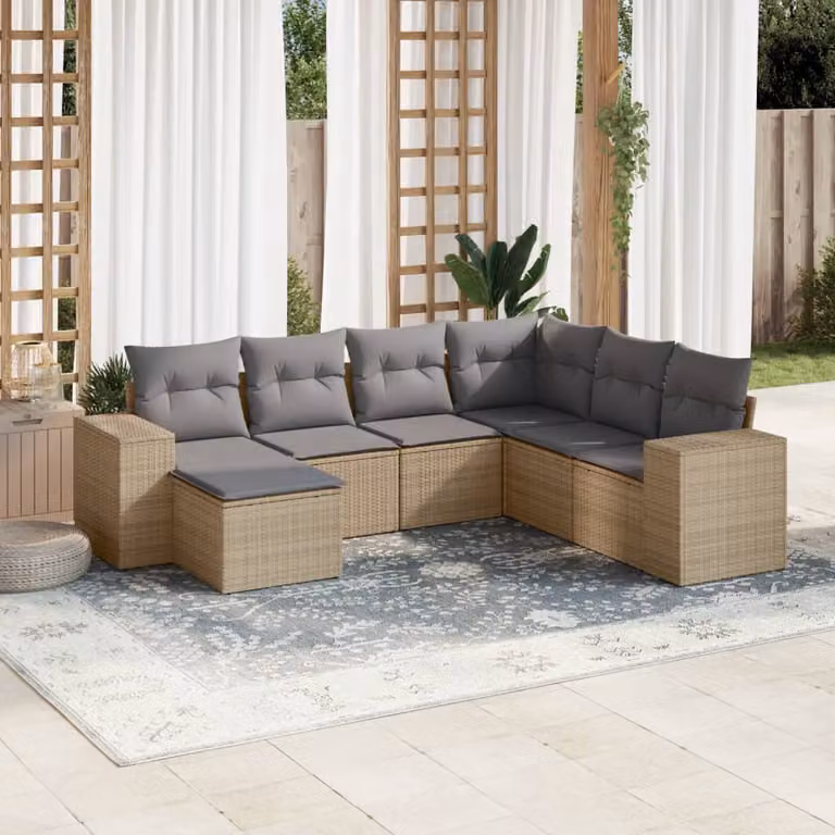 vidaXL Set Divani da Giardino a L 7 pz in Polyrattan con Cuscini Beige e Grigio