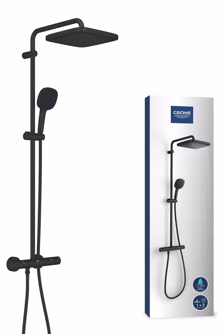Sistema doccia da 25 cm: soffione, doccetta, termostato, finitura nera opaca