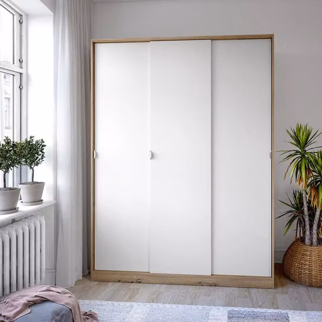 Armadio moderno DMORA per camera da letto con ante scorrevoli e ripiani interni, finitura rovere, L: 150 cm, H: 200 cm, P: 50 cm – 1