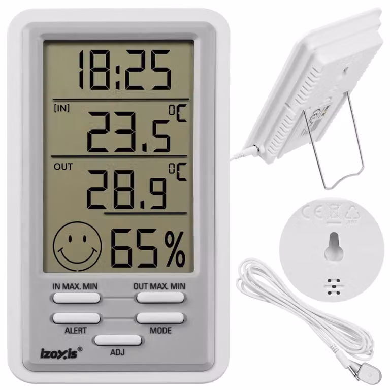 Izoxis 27912, stazione meteorologica con igrometro, dimensioni 14,5 x 8 x 2,4 cm, colore bianco-grigio