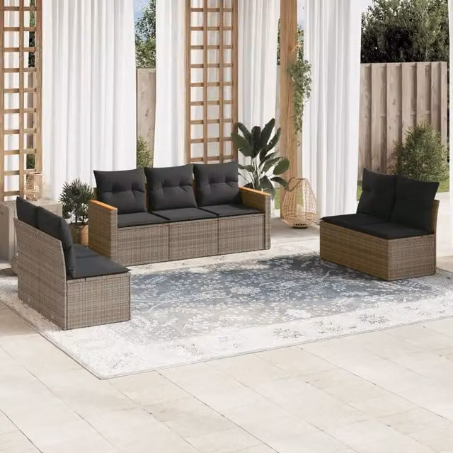 Set di Divani da Giardino a L vidaXL in Polyrattan Grigio con 7 Sedute e Cuscini Imbottiti