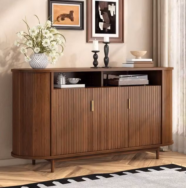 Sideboard moderno con 3 ante effetto legno, struttura in MDF e PB, piedi in pino, 140x40x78 cm, colore noce