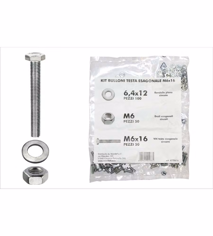 Kit viti testa esagonale M6 x 16 + dadi + rondelle - 200 pz.