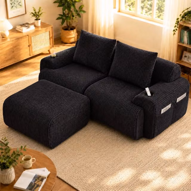 Divano modulare a 2 posti WISHDOR in velluto a coste nero con portabicchieri e tasca laterale, L: 200 cm, P: 174 cm, H: 80 cm