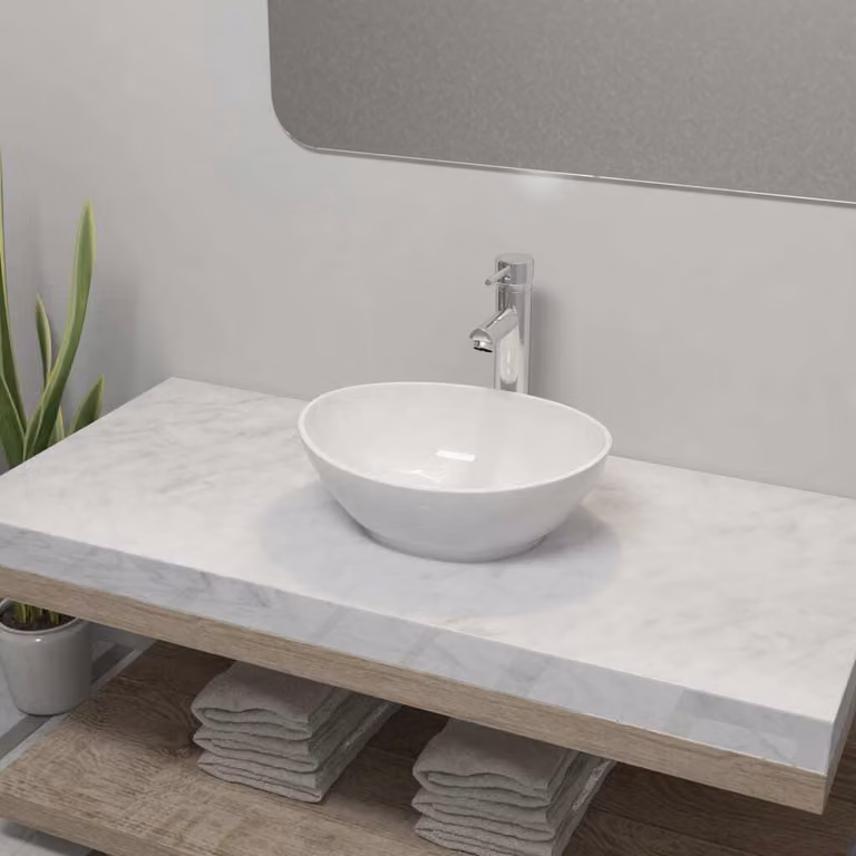 The Living Store Lavandino da bagno con miscelatore in Vetroceramica ovale bianco