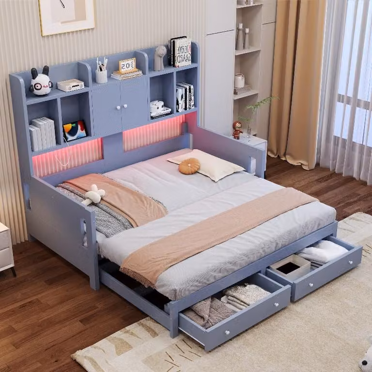 Divano letto 90x190 cm, estendibile a 180x190 cm, divano letto estraibile in legno, colore grigio, con 2 cassetti, ripiani, armadietti, presa di corrente e illuminazione LED