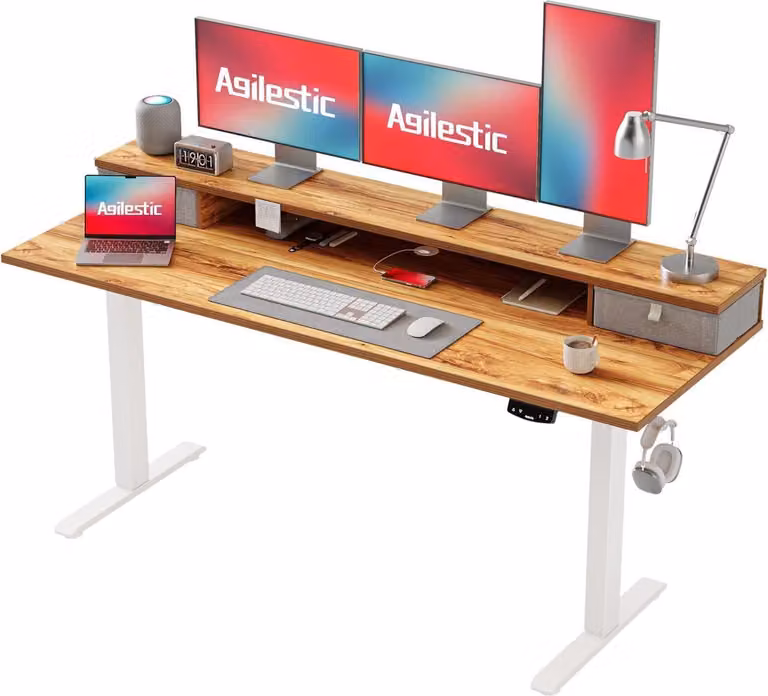 Scrivania regolabile in altezza con 2 cassetti e motore elettrico, 160 x 60 cm, marrone chiaro