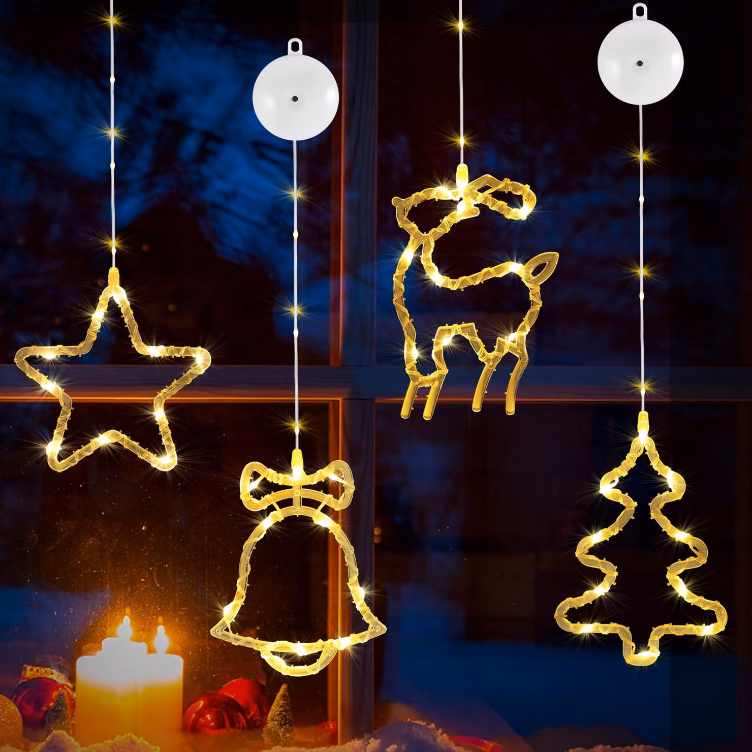 Set di 4 luci a LED per finestre, luce bianco caldo, 13 LED, alimentate a batteria