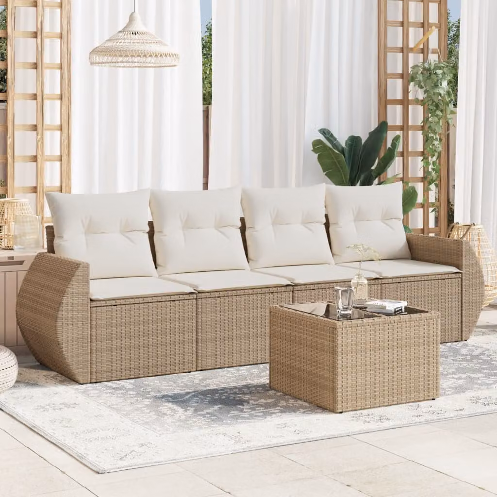 Set Divano da Giardino vidaXL 5 Pezzi con Cuscini Beige e Tavolino in Metallo e Vetro