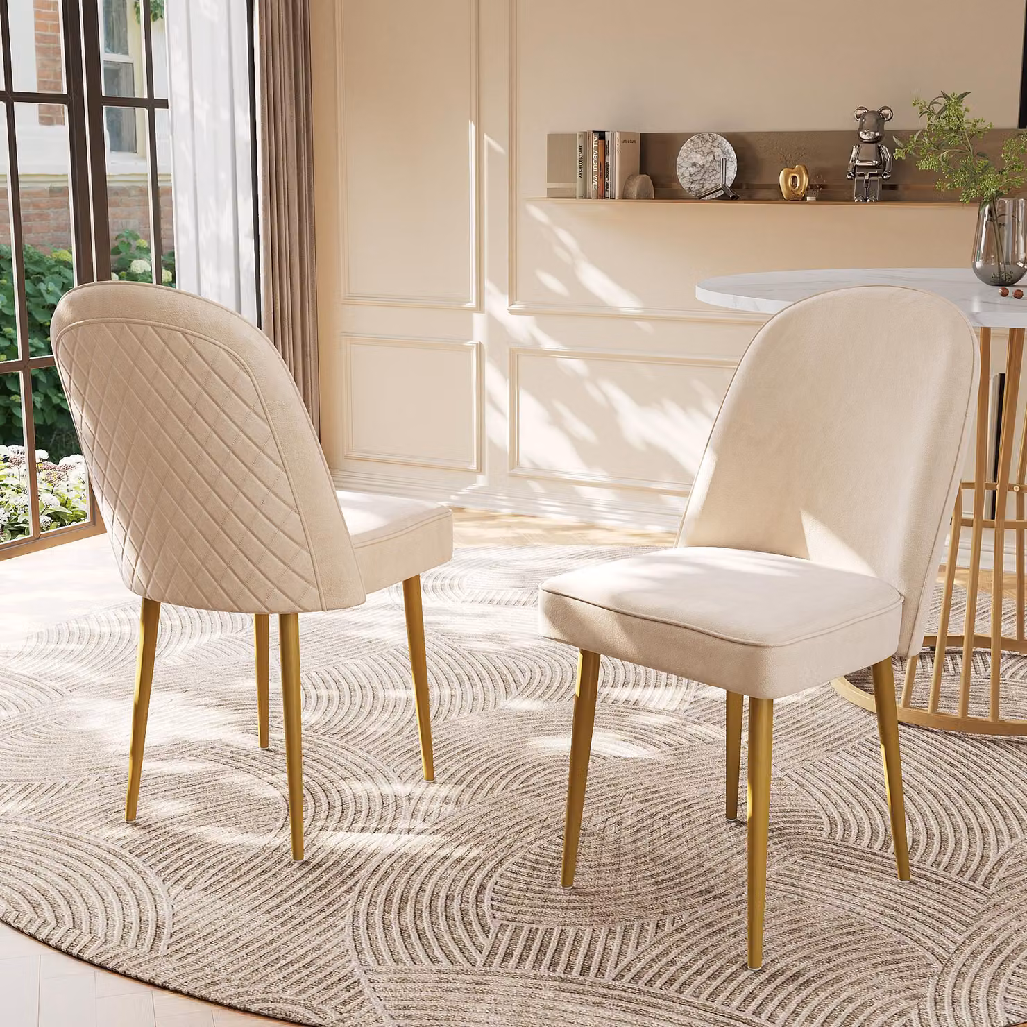 Fortuna Lai, 2 sedie da pranzo, moderne sedie da pranzo in velluto beige, gambe in metallo dorato, eleganti e confortevoli, adatte per sale da pranzo, soggiorni e uffici