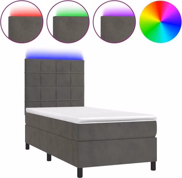 Letto singolo | Letto per adulti | Letto a Molle con Materasso e LED Grigio Scuro 90x200cm Velluto
