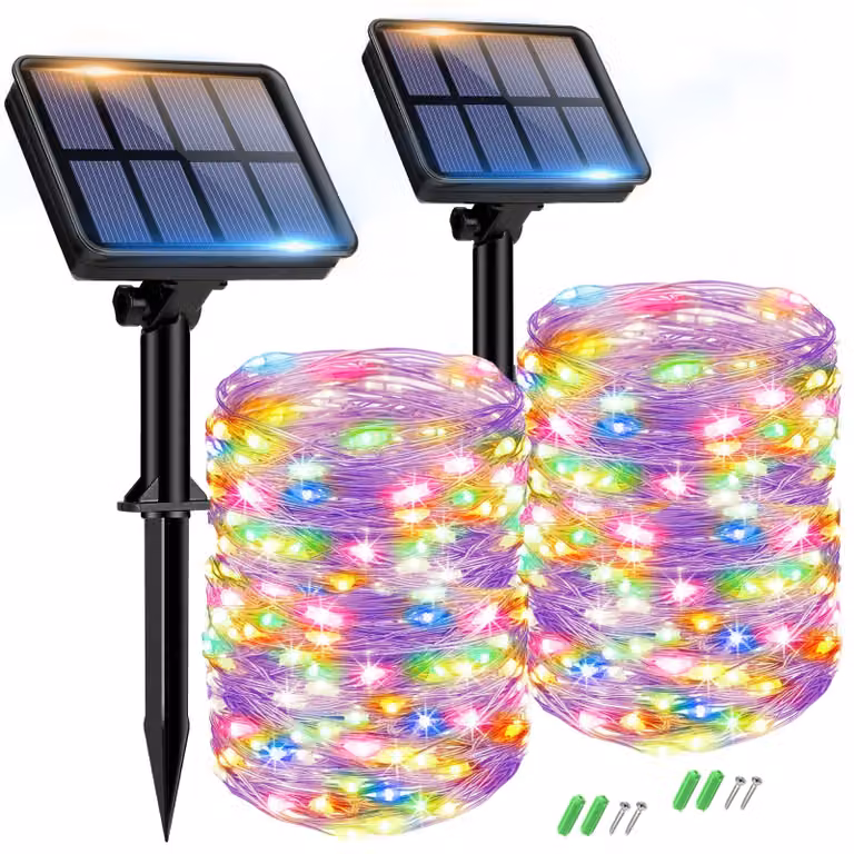 Catena luminosa solare per esterni, multicolore, con 150 LED, set da 2