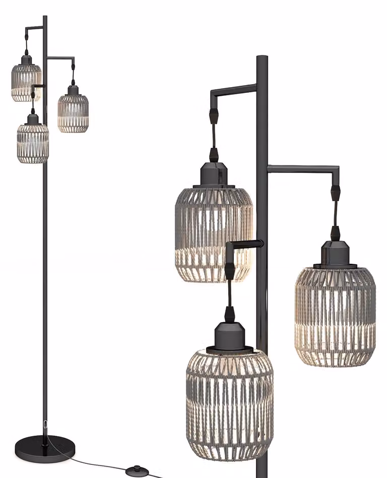 Lampada da terra COSTWAY 173 cm, lampada da lettura con 3 attacchi E27, interruttore a pedale e paralume a gabbia in tessuto di carta, lampada da terra moderna, lampada da terra nera
