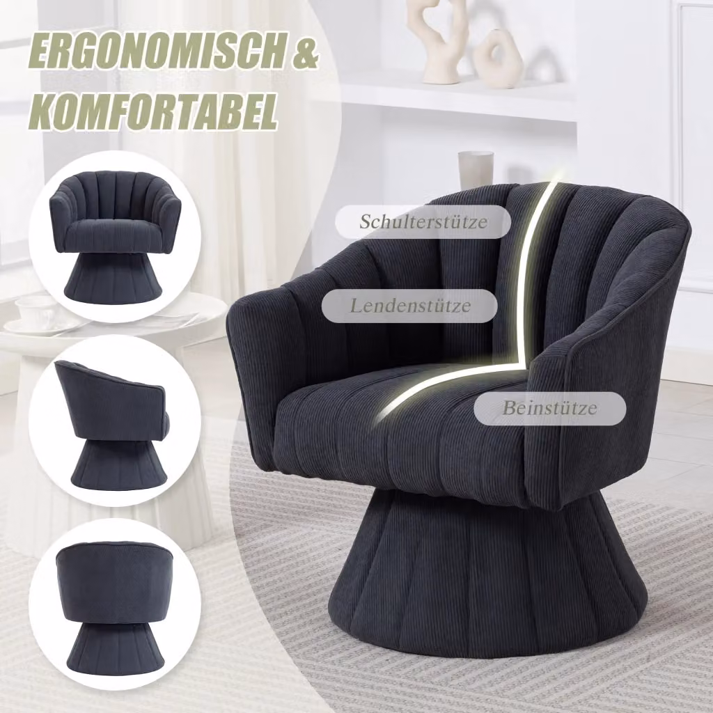Sedia girevole 360 REDOM in velluto a coste grigio con braccioli, L: 70 cm, P: 66 cm, H: 72 cm – 2