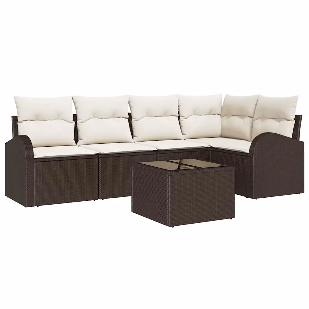 Set di divani da giardino vidaXL a forma di L in polyrattan marrone con cuscini e tavolino da esterno – 2