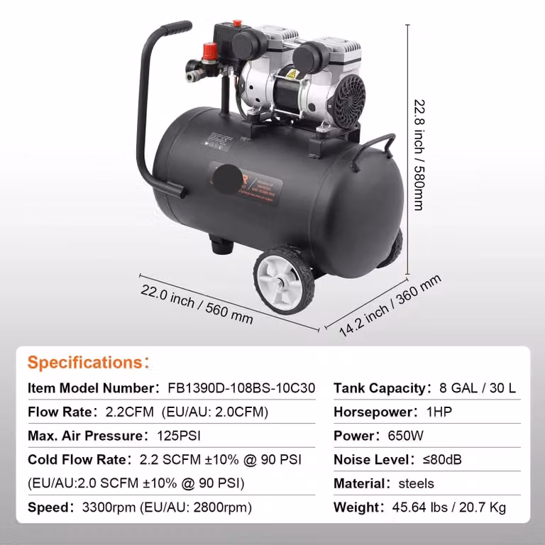 Compressore d'aria silenzioso - Compressore - Compressore d'aria - Pompa per pneumatici - Compressore elettrico - 650W - 80dB