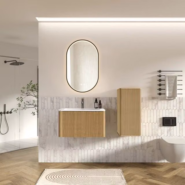 Armadietto da bagno sospeso a parete con lavabo colonna laterale e specchio LED regolabile rovere per bagno moderno
