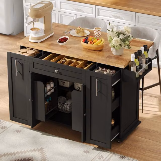 Isola da cucina mobile con piano ribaltabile; 3 cassetti verticali e portaspezie; nero; 120x45(70)x87 cm