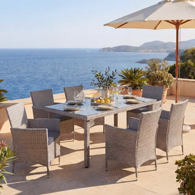 Set in poly rattan Halden, set da balcone per mobili da giardino ~ grigio, cuscini antracite
