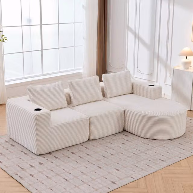 Divano 265.0x176.0x60.0 cm con imbottitura a doppio strato e 3 cuscini; rivestito in poliestere beige