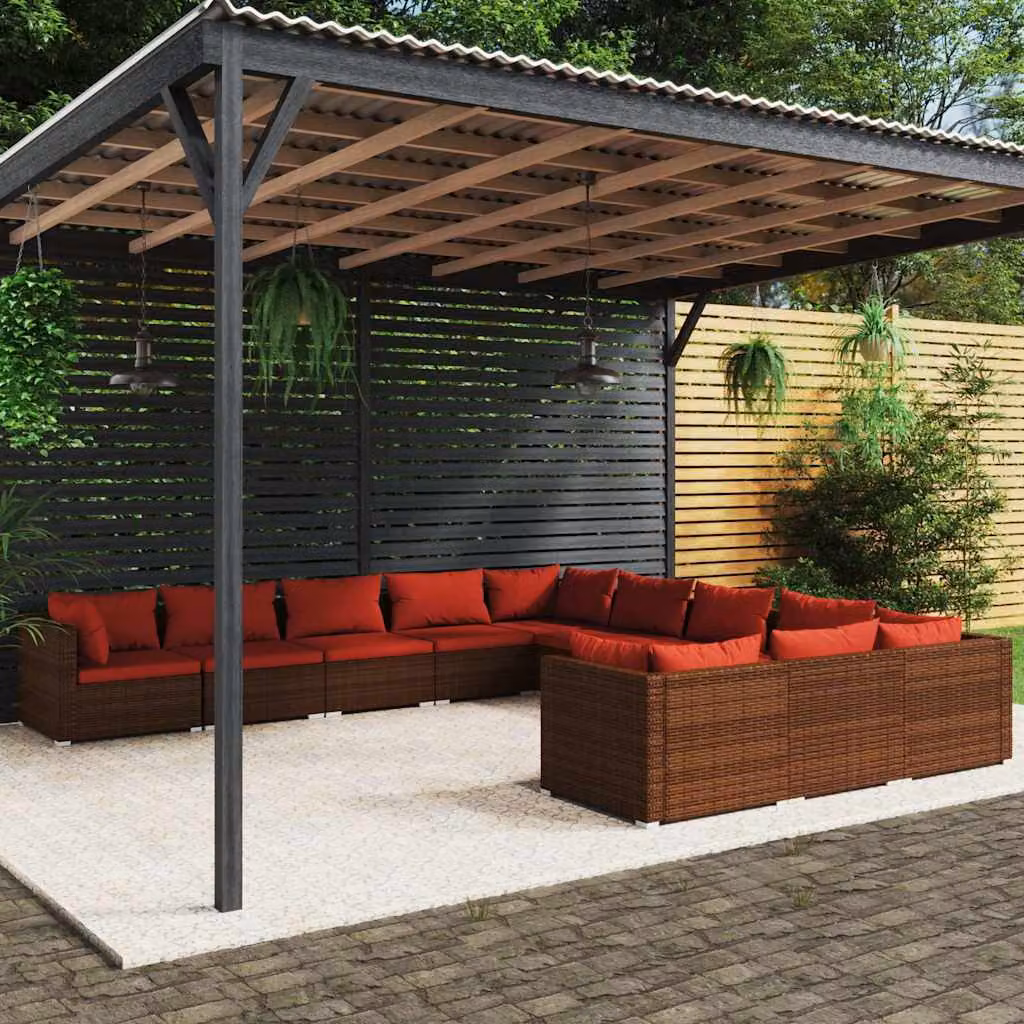 Set di divani da giardino vidaXL 11 pz a forma di U in rattan marrone con cuscini imbottiti e coperture rimovibili