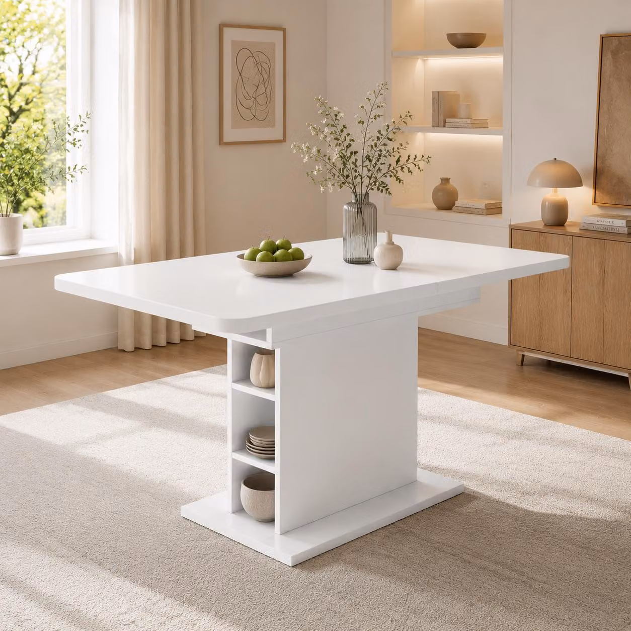 Tavolo da pranzo allungabile Flieks, tavolo da pranzo tavolo da cucina rettangolare, tavolo con spazio di archiviazione, 130x70x75, bianco
