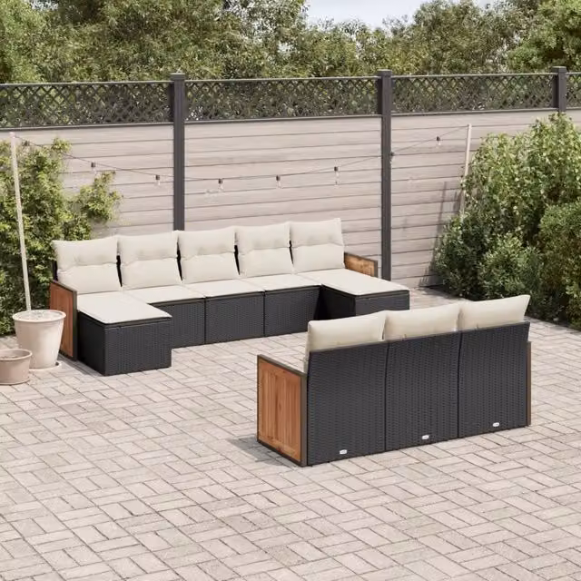 Set di Divani da Giardino a Forma di U vidaXL con 10 Pezzi, Polyrattan e Legno di Acacia, Nero e Bianco – 1