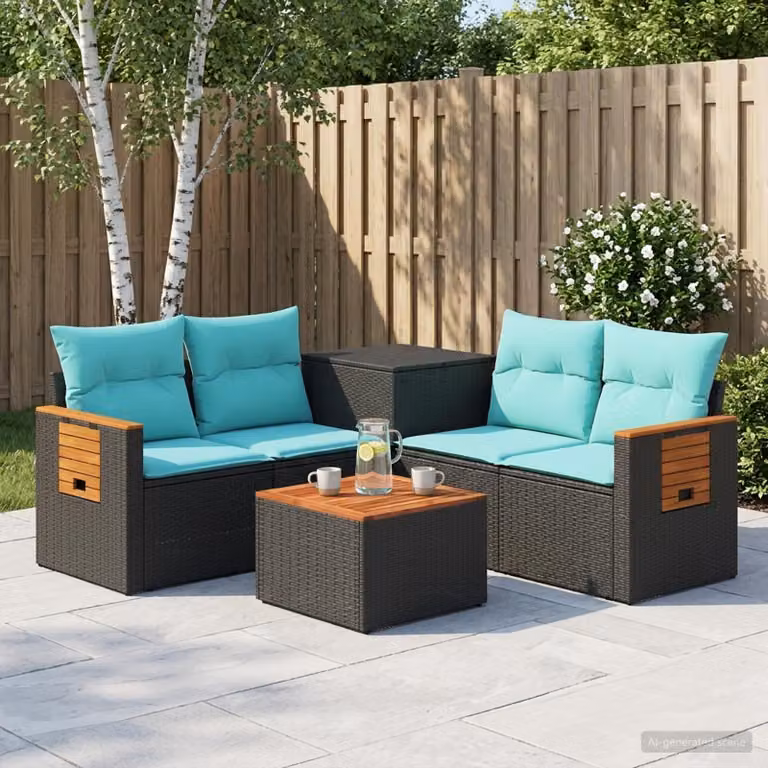 Set di divani da giardino vidaXL in polyrattan e metallo, 6 pezzi, nero e blu con cuscini inclusi