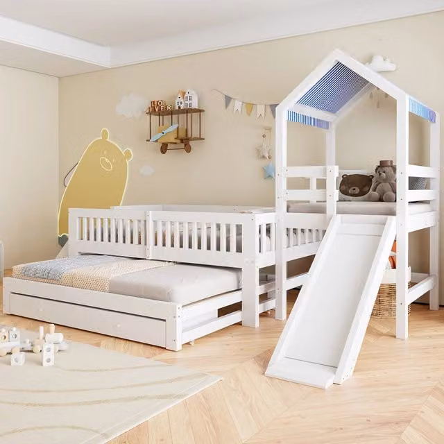 Letto a casetta per bambini in legno con scivolo, scala e cassetti, stile scandinavo, bianco, L/P/H: 90 x 200 cm
