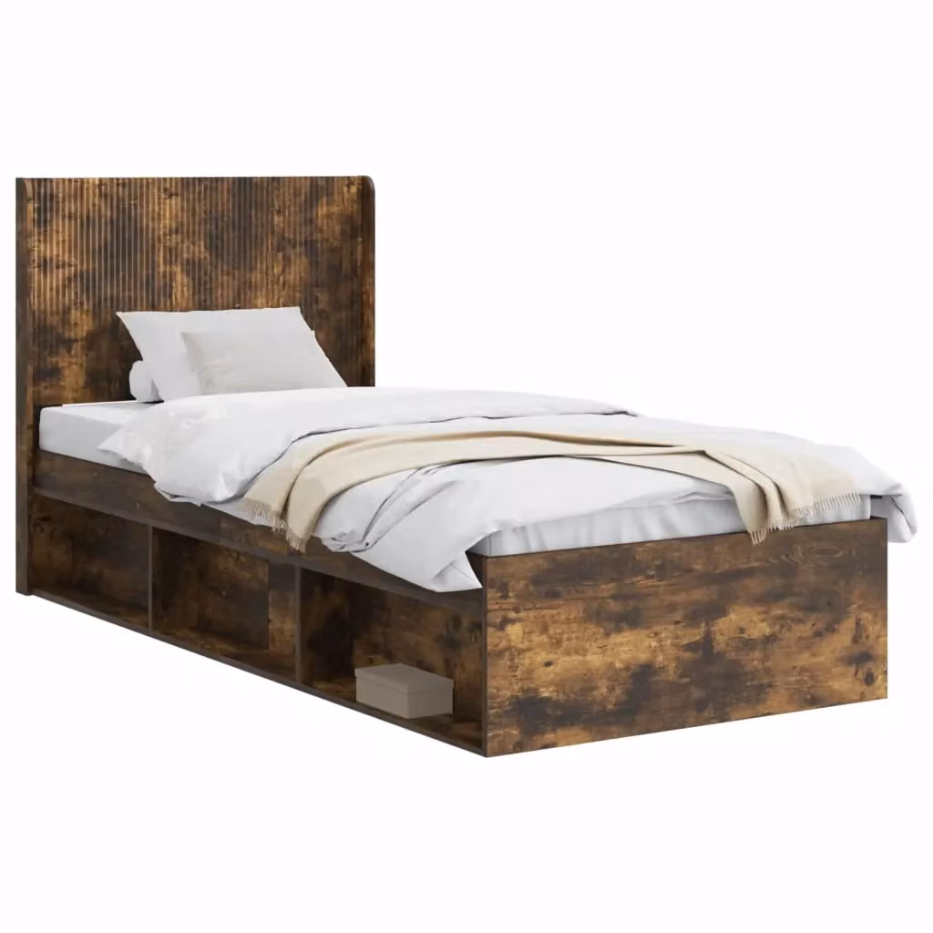 Letto moderno con contenitore e testata vidaXL in legno Rovere Fumo, L/P/H: 140 x 193 x 97 cm – 2