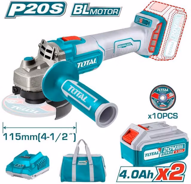 Smerigliatrice angolare Total 115mm 20V con 2 batterie da 4Ah, 10 dischi per metallo e borsa da trasporto multicolore