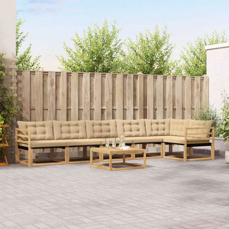 Set di divani da esterno vidaXL 7 pz in legno di acacia con tavolo da caffè e cuscini, Bianco e Beige