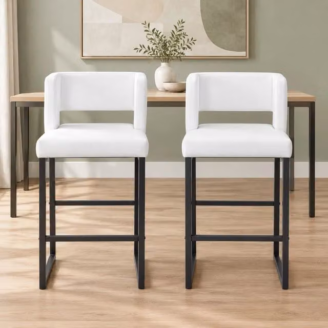 Sgabello da bar ULEVR 91,4 cm, seduta imbottita bianca, gambe in metallo nero e rivestimento in PU