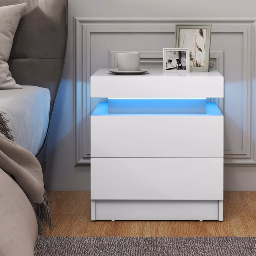 Comodino moderno Design Mania con luci LED integrate, 2 cassetti e finitura lucida effetto marmo, L: 45 cm, P: 35 cm, H: 52 cm, Bianco – 2