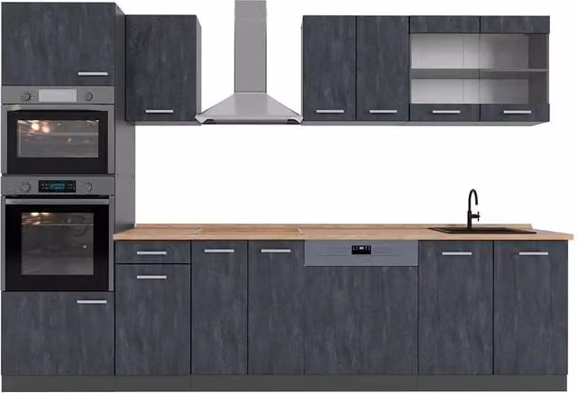 Cucina componibile moderna R-Line Vicco, Calce nera e Antracite con Rovere, L: 300 cm – 1