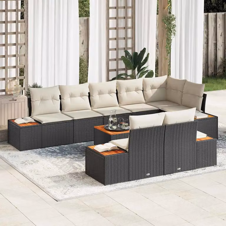 Set Divano da Giardino vidaXL 8 Posti a Forma di L con Tavolino, Colore Nero e Beige