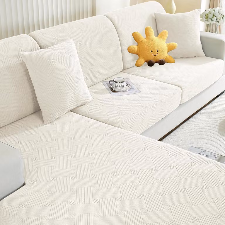 Copertura elastica per cuscini da seduta, 2 pezzi: 1 per divano a una piazza + 1 per chaise longue, colore crema, motivo geometrico, antiscivolo, lavabile