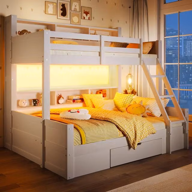 Letto a castello con scala, sponde, cassetto e LED, 90x200+140x200 cm, bianco