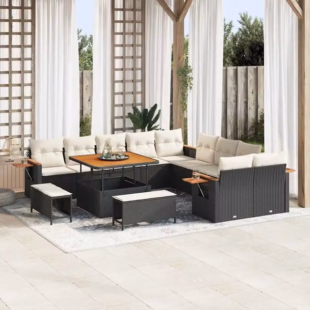 Set Divano da Giardino vidaXL a Forma a U con 17 Pezzi, Colore Nero e Beige, con Cuscini e Tavolino da Caffè