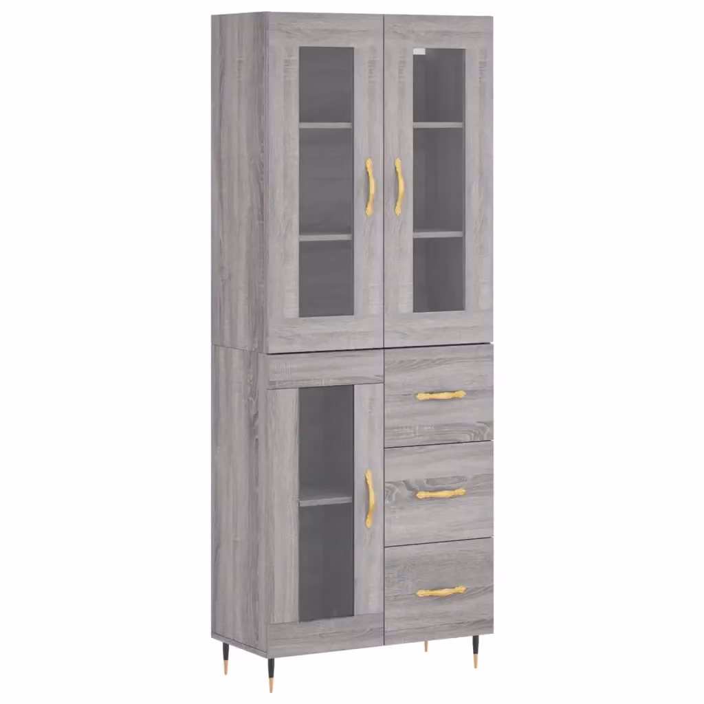 Credenza moderna vidaXL in legno e metallo con vetro, colore grigio, L: 69,5 cm, P: 34 cm, H: 180 cm – 2