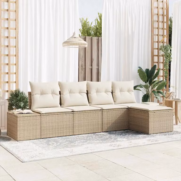 Set Divano da Giardino a L vidaXL 5 Pezzi Beige con Cuscini e Ottoman in Polyrattan e Metallo