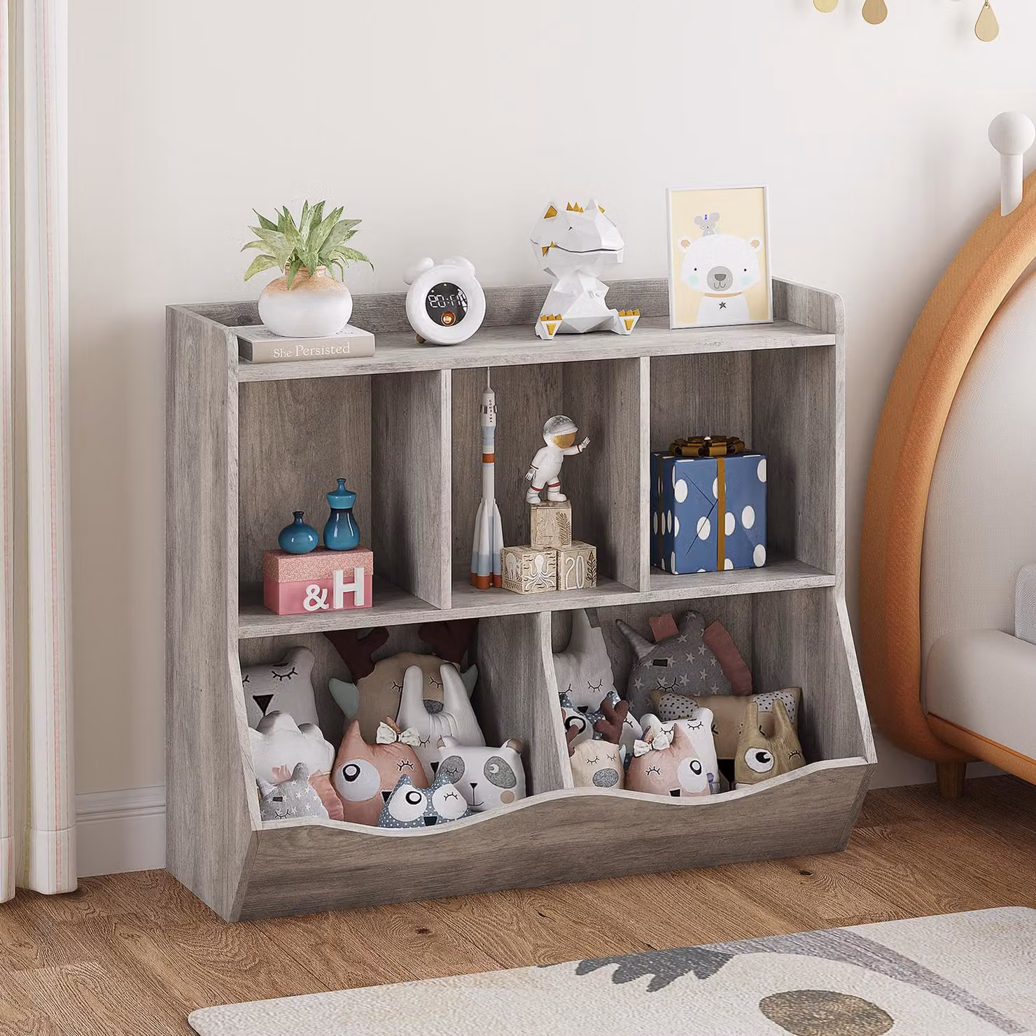 Scaffale per bambini a 2 livelli con 5 scomparti – Organizzatore per giocattoli e libri per la cameretta dei più piccoli (grigio)