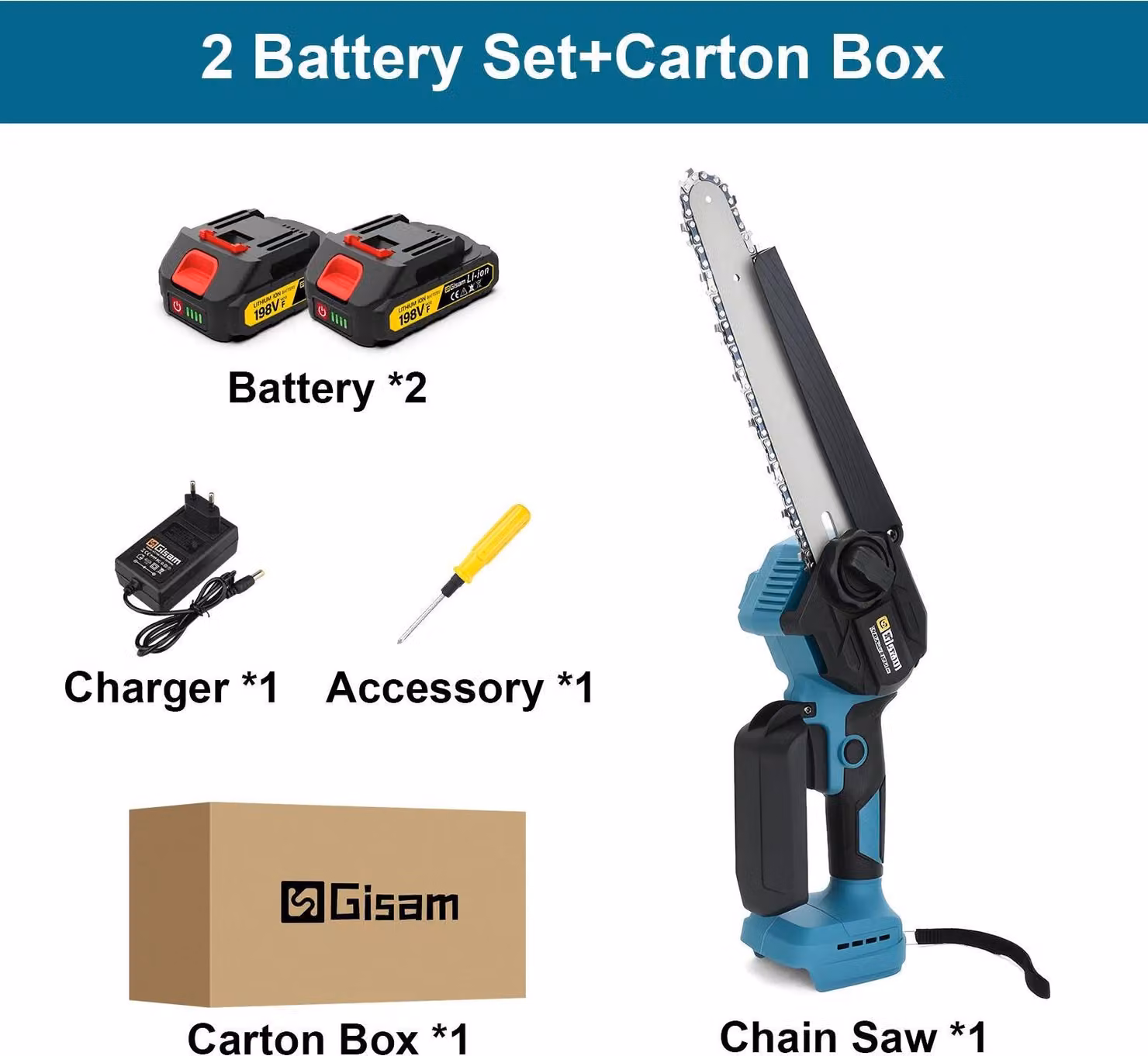 Motosega elettrica - Mini motosega da 20 cm - Motore brushless - Senza fili 18 V - 2 batterie incluse - Per potatura/legno - Azzurro