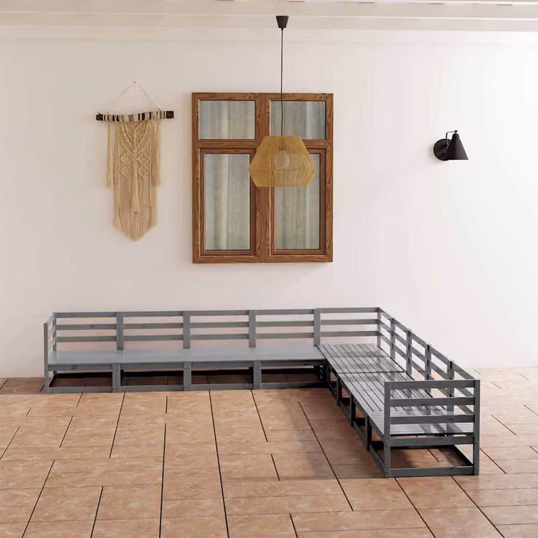 Set di divani da giardino vidaXL in legno massello di pino, 9 pezzi, grigio rustico